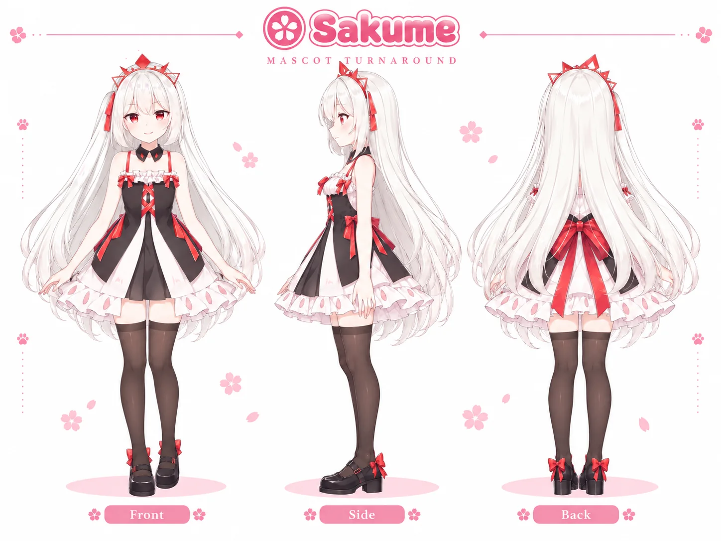 Sakume mascot turnaround – white-haired girl with red eyes in a black-and-white dress with red ribbons, front, side and back
